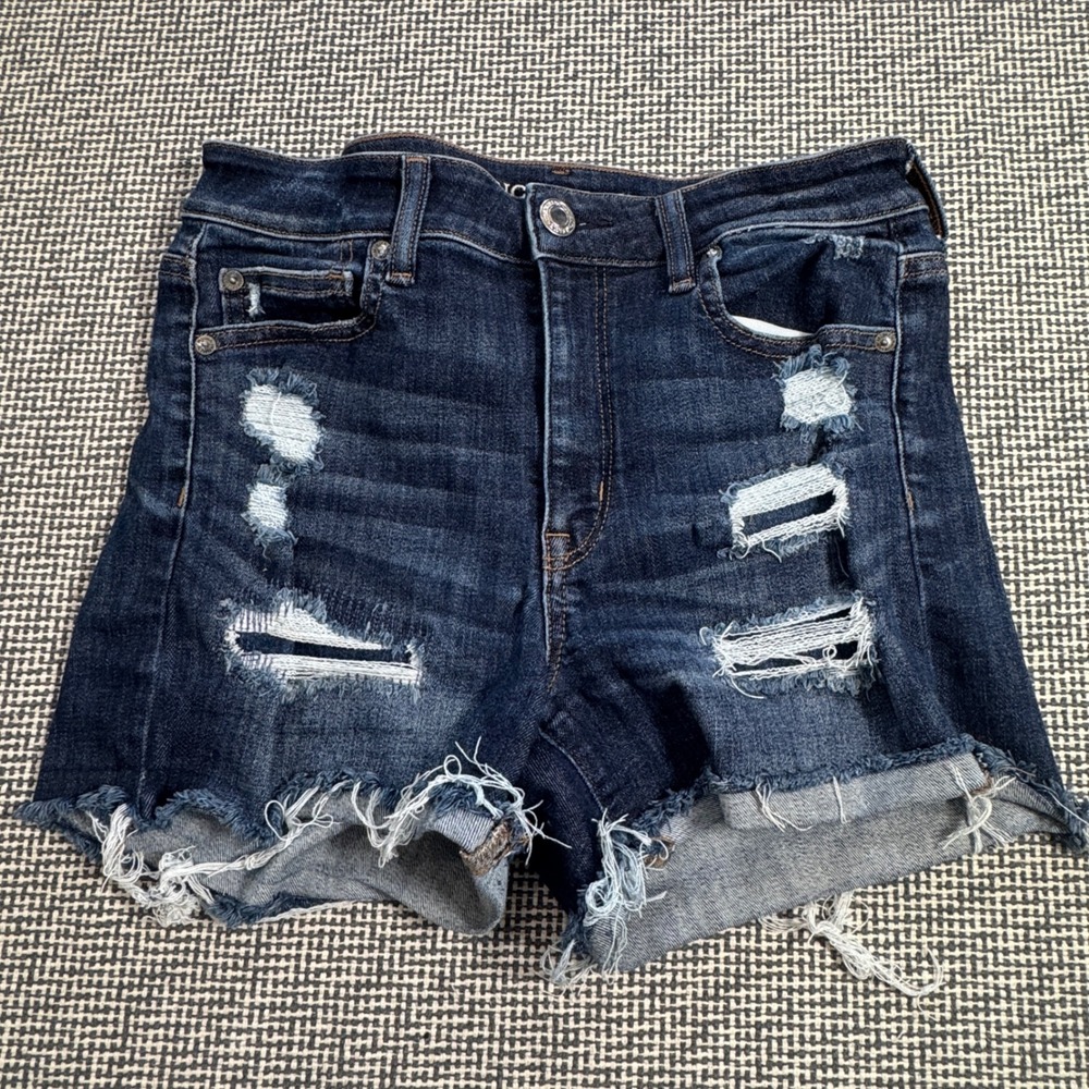 American Eagle Hi-Rise Shortie Dark Wash Distressed Denim Shorts Size 10
